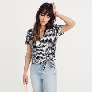 Short-Sleeve Wrap Top in Gingham Check